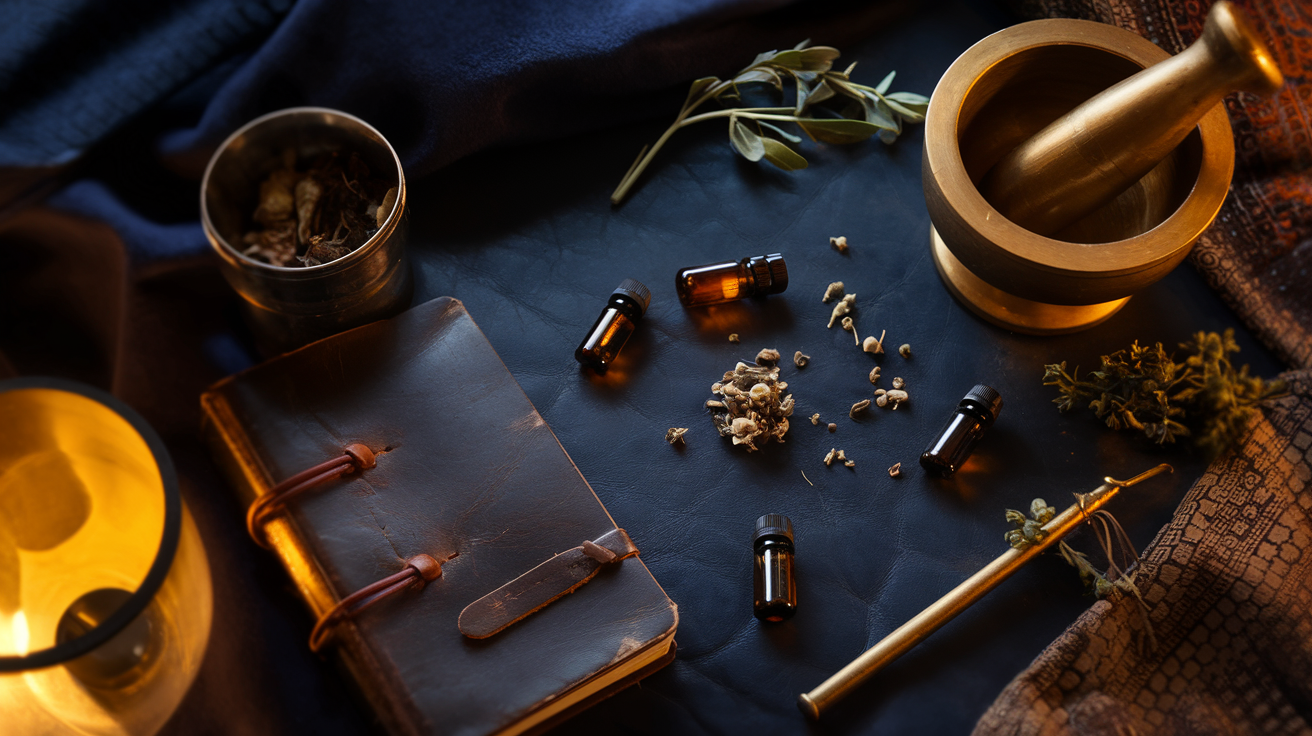 Traditional healing tools — herbs, mortar, remedies